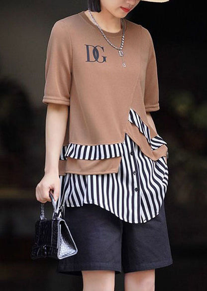 Khaki O Neck Striped Patchwork Cotton T Shirt Summer
