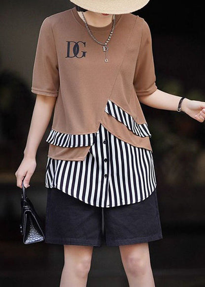 Khaki O Neck Striped Patchwork Cotton T Shirt Summer