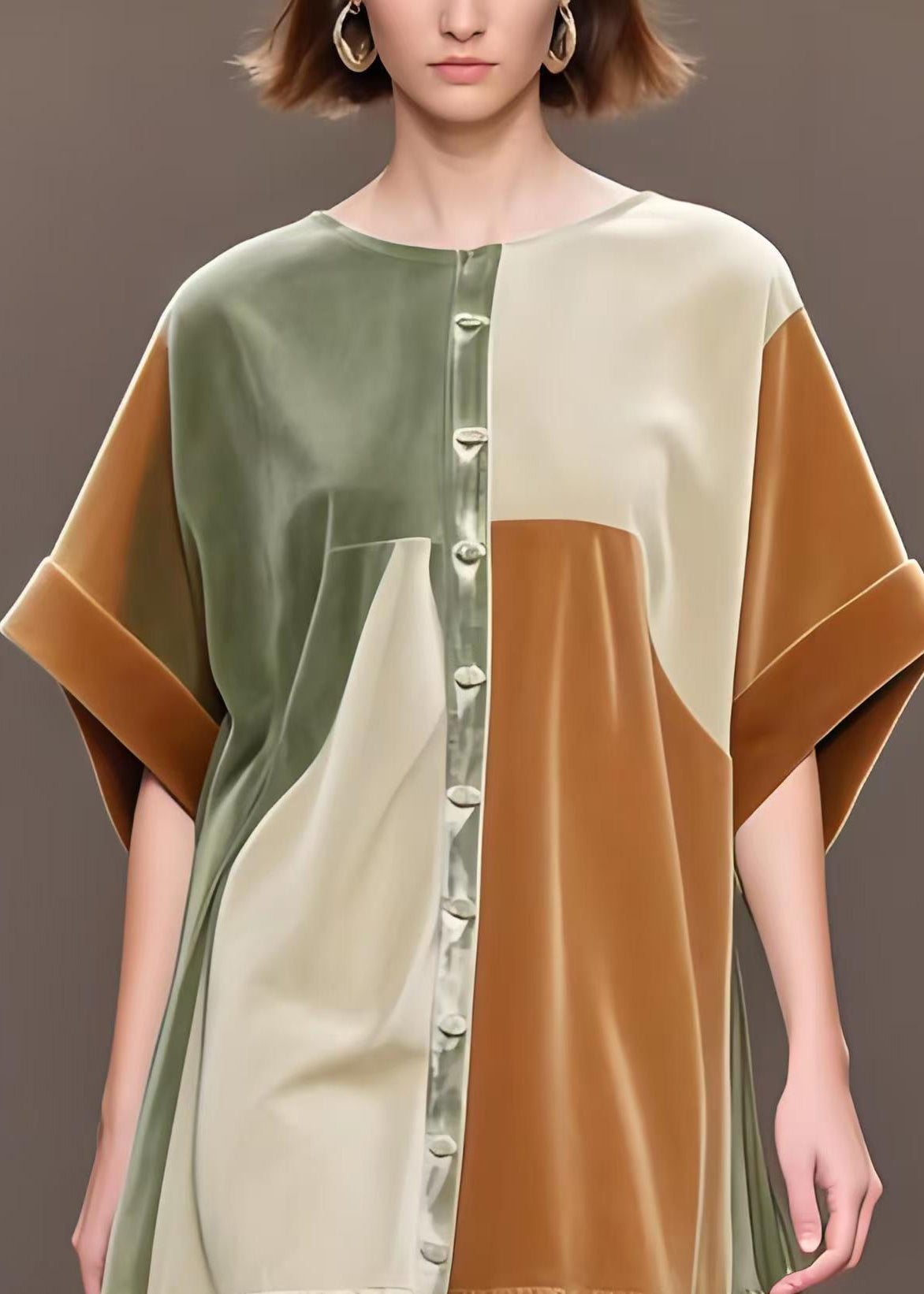 Khaki Oversized Patchwork Silk Velvet Tea Dress Spring