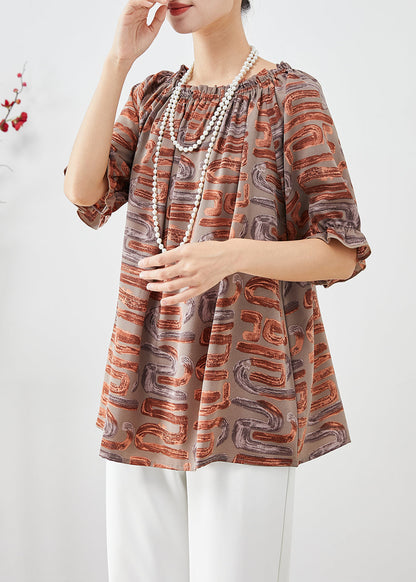 Khaki Oversized Print Chiffon Blouse Tops Summer