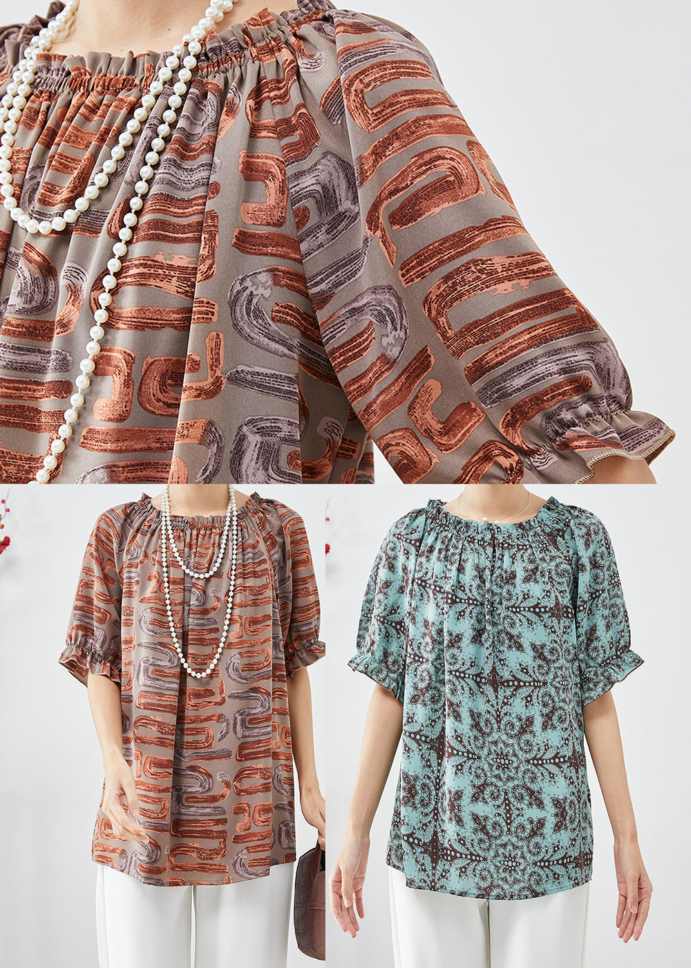Khaki Oversized Print Chiffon Blouse Tops Summer