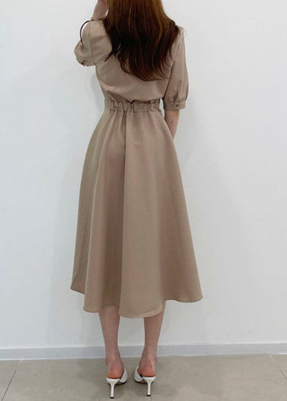 Khaki Peter Pan Collar Patchwork Cotton Dresses Short Sleeve
