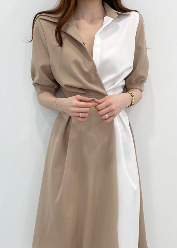 Khaki Peter Pan Collar Patchwork Cotton Dresses Short Sleeve