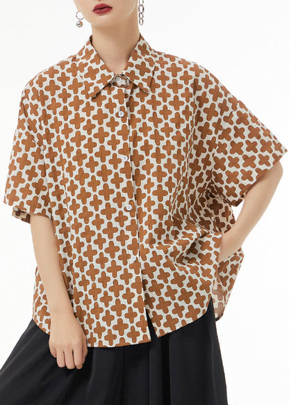 Khaki Peter Pan Collar Print Patchwork Cotton Shirt Summer