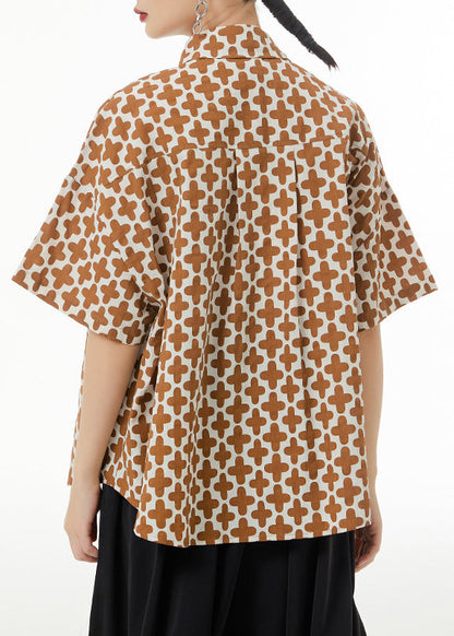 Khaki Peter Pan Collar Print Patchwork Cotton Shirt Summer