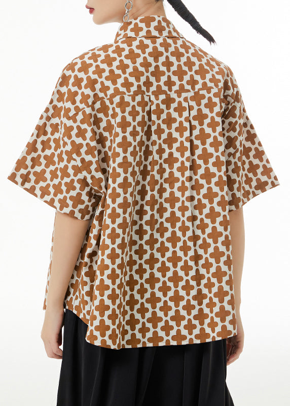 Khaki Peter Pan Collar Print Patchwork Cotton Shirt Summer