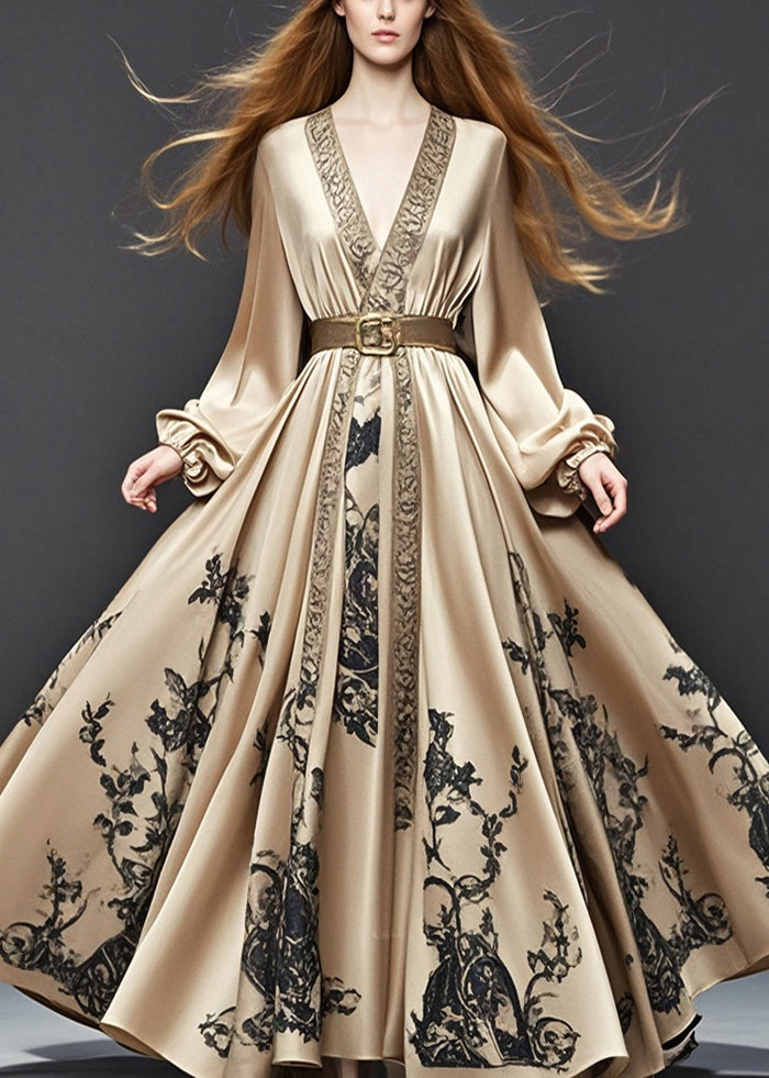 Khaki Print Silk Dress Cinched Exra Large Hem Spring