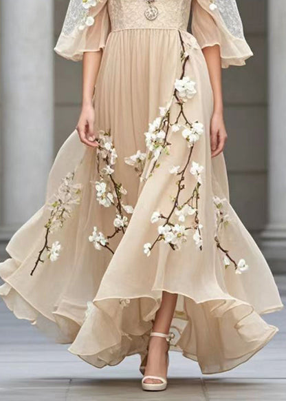 Khaki Puff Sleeve Three-dimensional Plum Blossom Chiffon Sundress