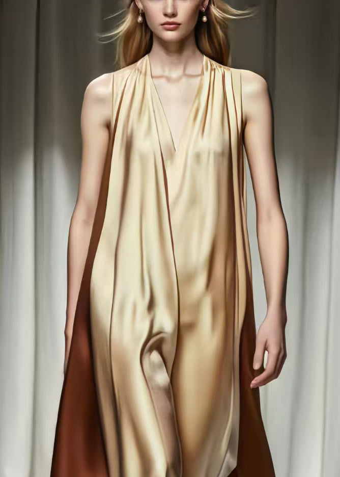 Khaki V Neck Patchwork Silk Robe Dresses Summer