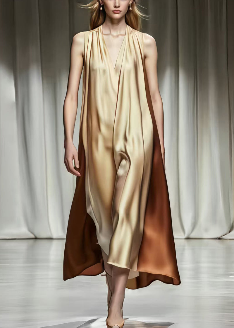 Khaki V Neck Patchwork Silk Robe Dresses Summer