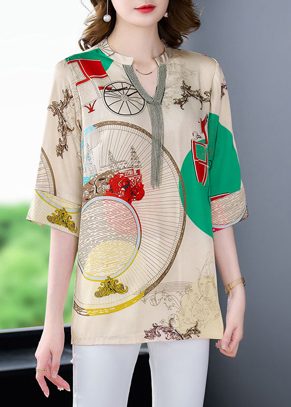 Khaki V Neck Print Patchwork Silk Shirts Tops Bracelet Sleeve