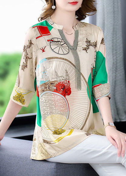 Khaki V Neck Print Patchwork Silk Shirts Tops Bracelet Sleeve