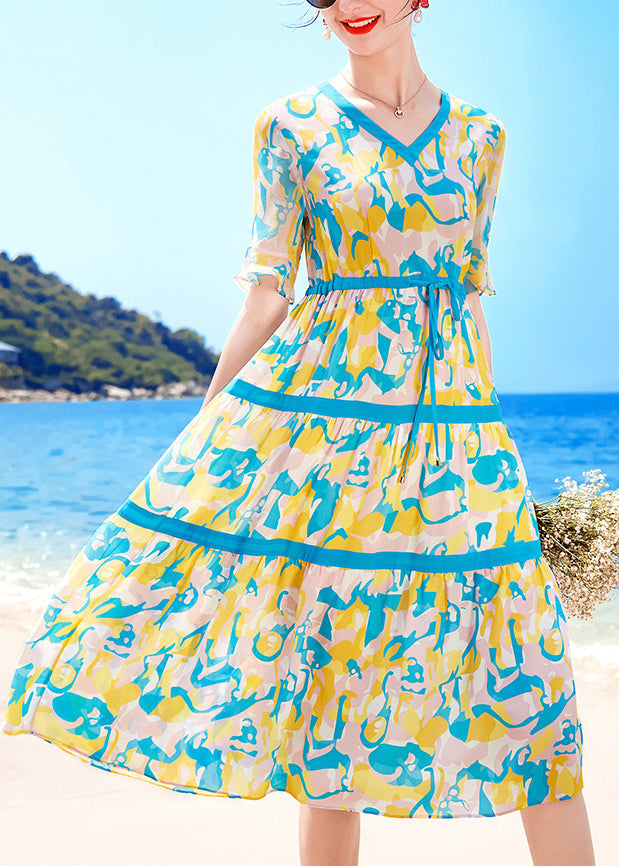 Lake Blue V Neck Drawstring Print Chiffon Beach Dresses Short Sleeve
