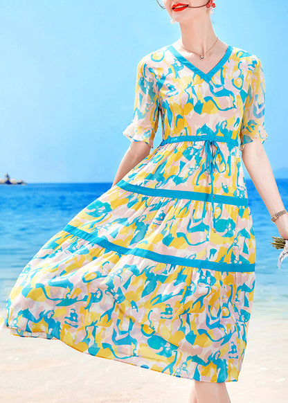 Lake Blue V Neck Drawstring Print Chiffon Beach Dresses Short Sleeve