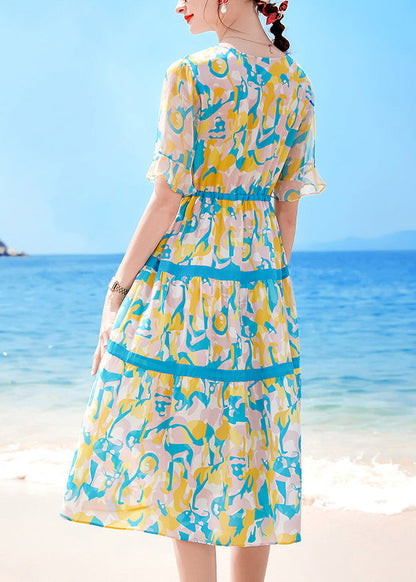Lake Blue V Neck Drawstring Print Chiffon Beach Dresses Short Sleeve