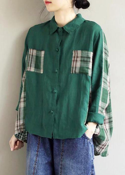 Beautiful Lapel Patchwork Spring Blouse Fabrics Green Plaid Shirts