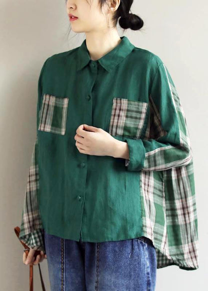 Beautiful Lapel Patchwork Spring Blouse Fabrics Green Plaid Shirts