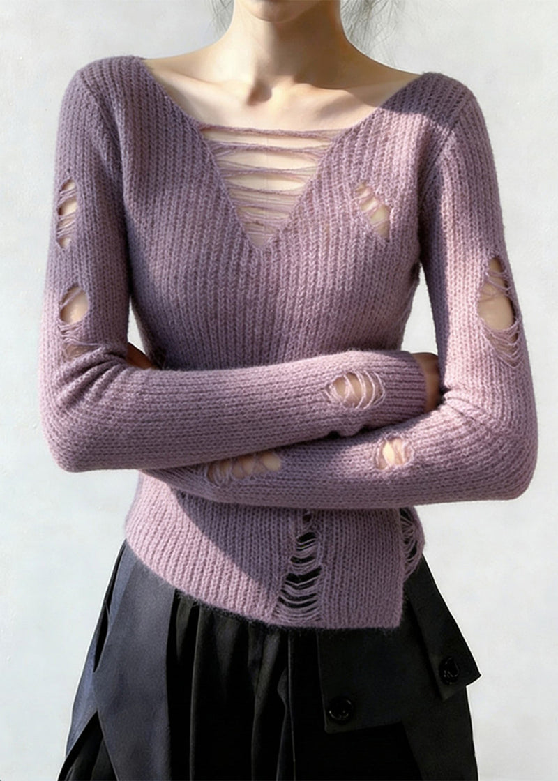 Lavender V Neck Ripped Knitted Tops Spring
