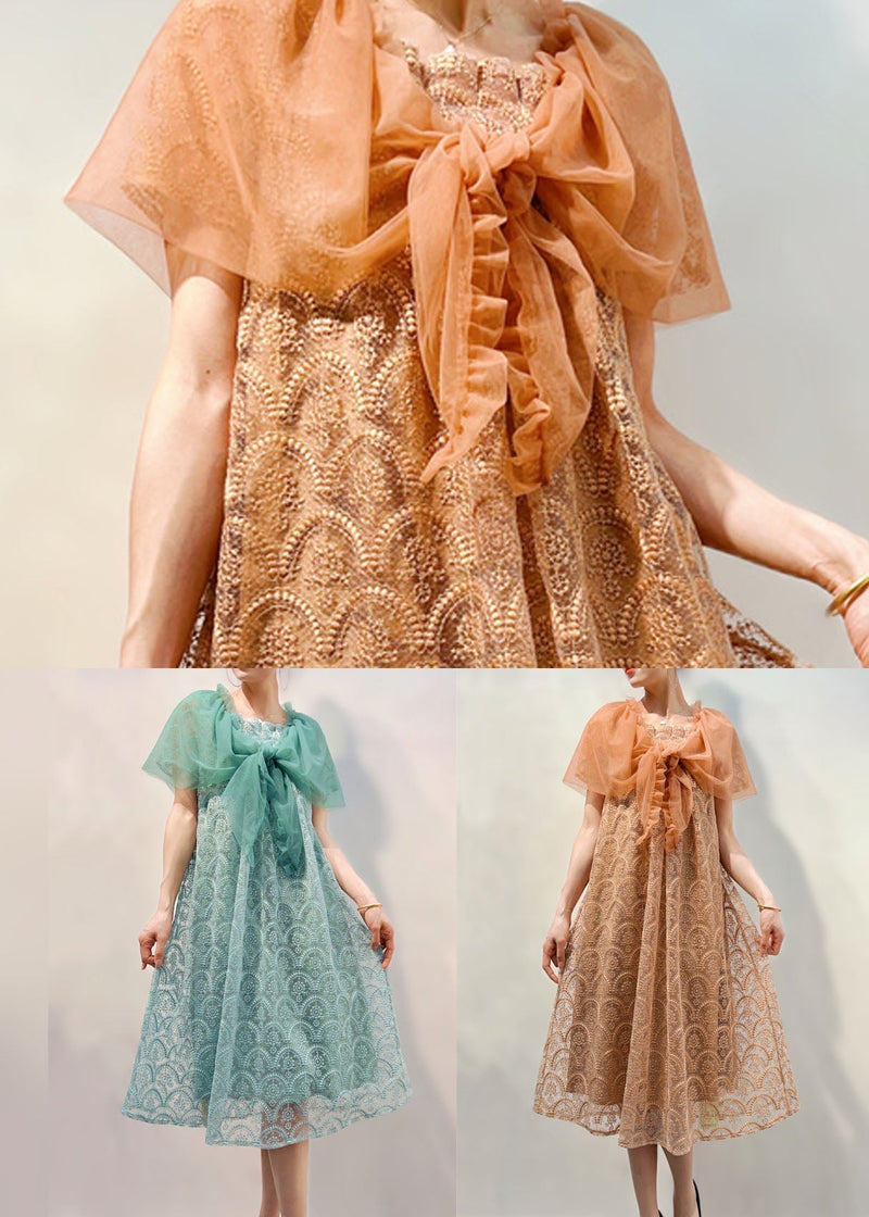 Light Coffee Ruffled Patchwork Lace Mid Dress Summer
