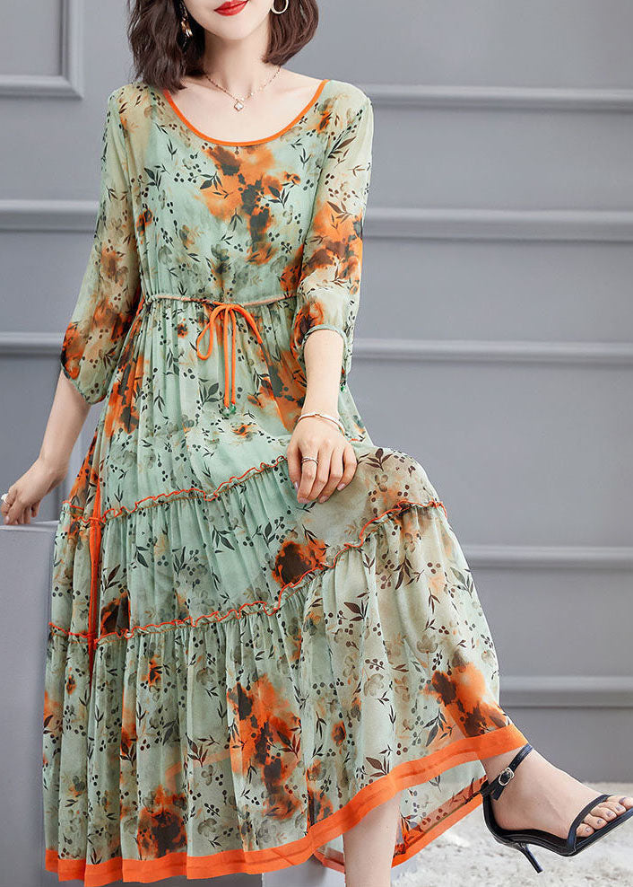 Light Green O-neck Tie Waist Wrinkled Silk Dress Spring
