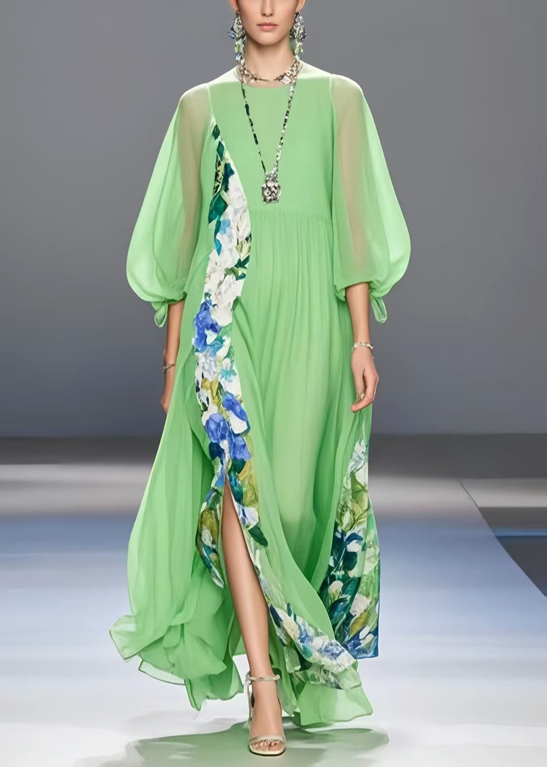 Light Green Patchwork Side Open Chiffon Party Dresses Bracelet Sleeve