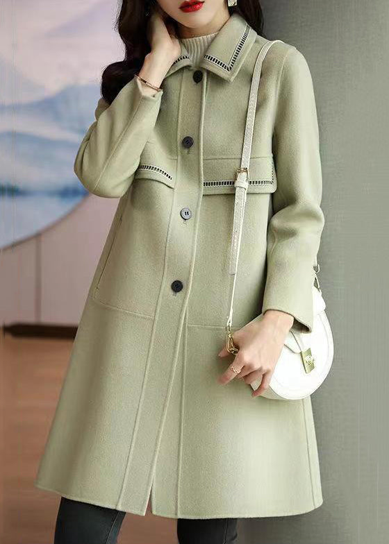 Light Green Peter Pan Collar Button Patchwork Woolen Coat Winter