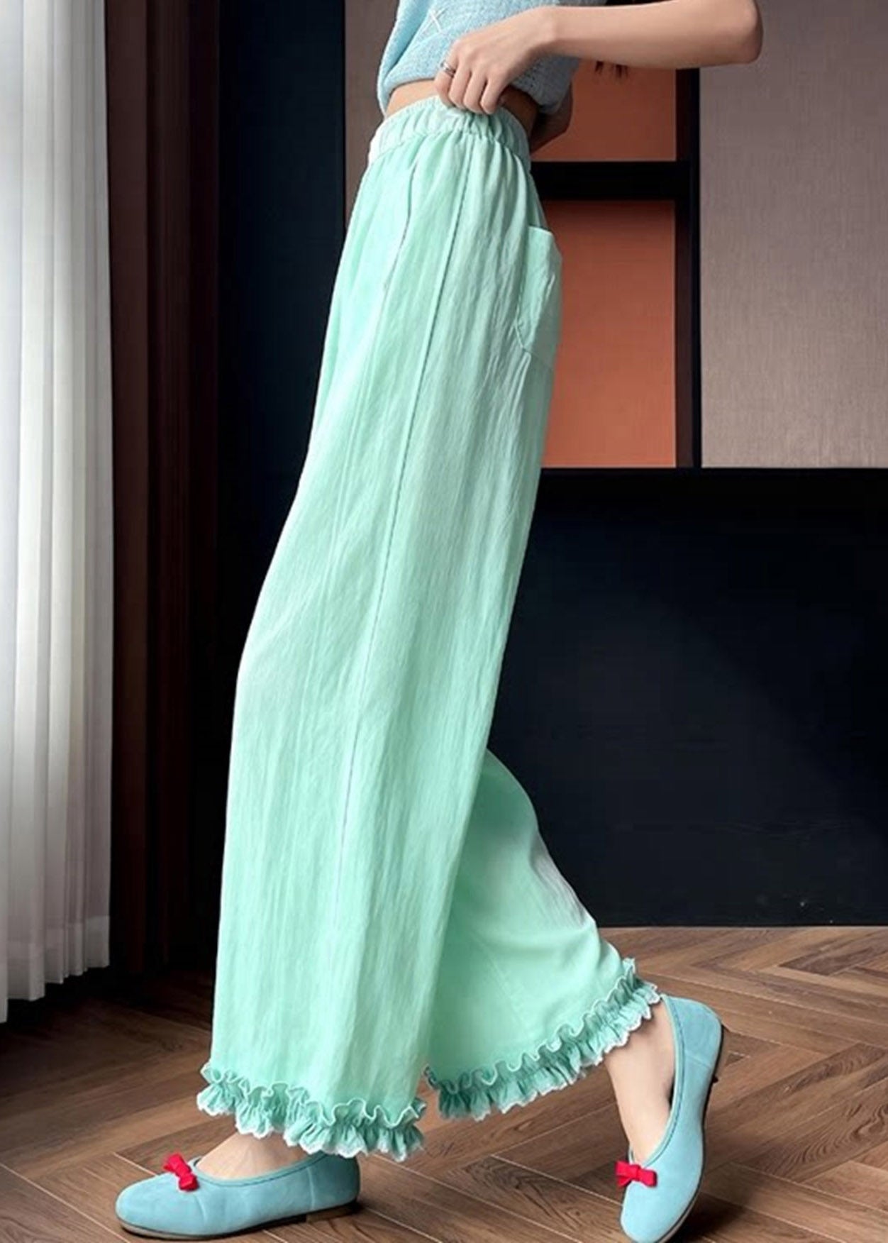 Light Green Ruffled Patchwork Wide Leg Pants Summer