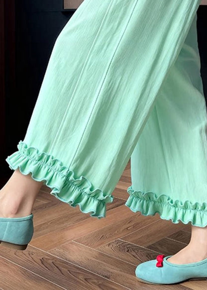 Light Green Ruffled Patchwork Wide Leg Pants Summer