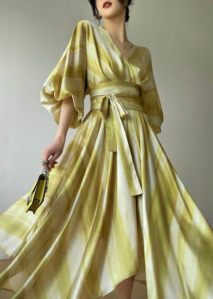 Light Green V Neck Asymmetrical Exra Large Hem Silk Cinch Dresses Puff Sleeve
