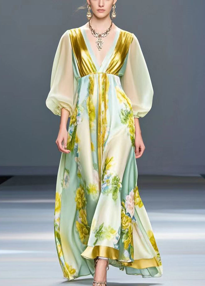 Light Green V Neck Print Silk Holiday Dress Spring