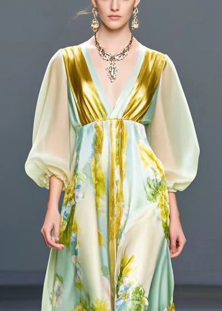 Light Green V Neck Print Silk Holiday Dress Spring