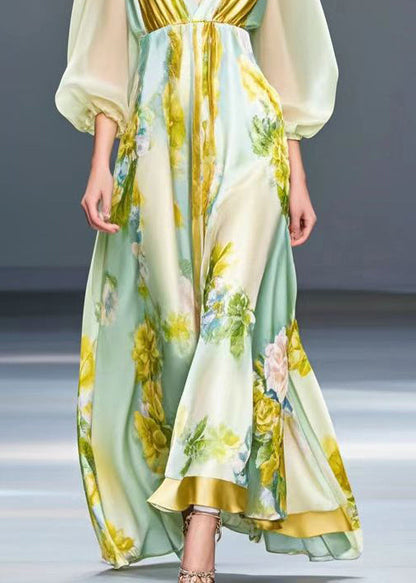 Light Green V Neck Print Silk Holiday Dress Spring