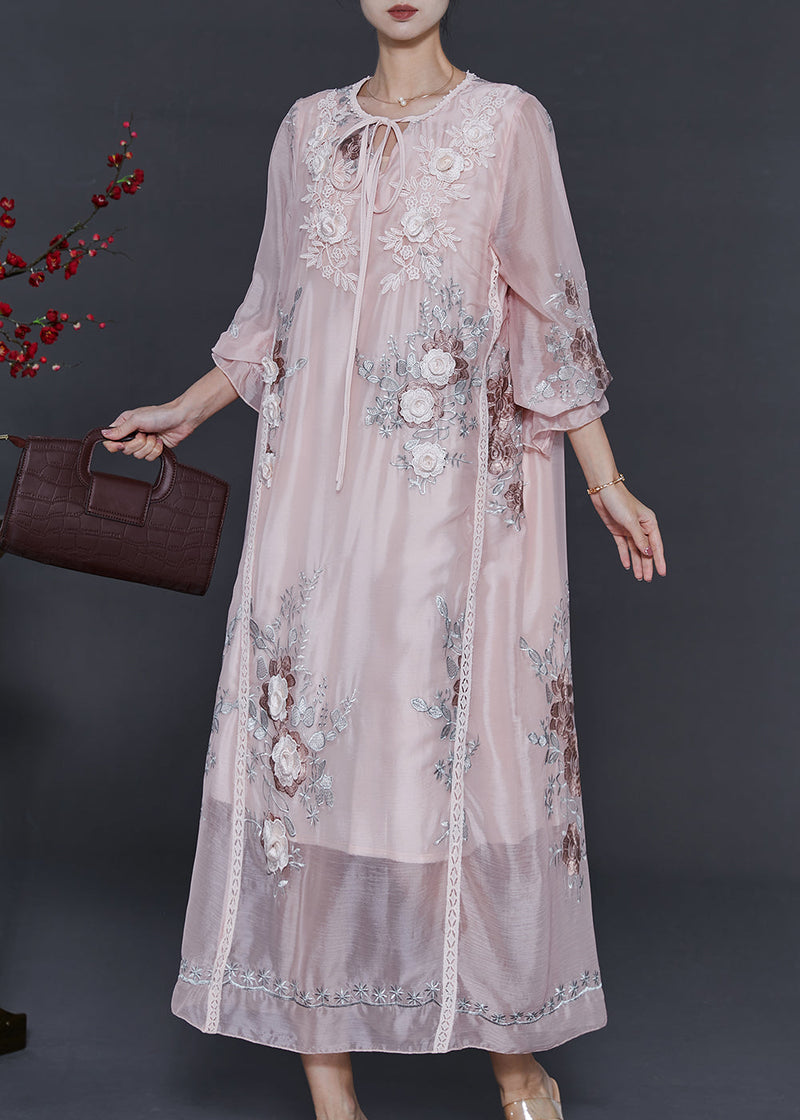 Light Pink Embroidered Silk Holiday Dress Spring