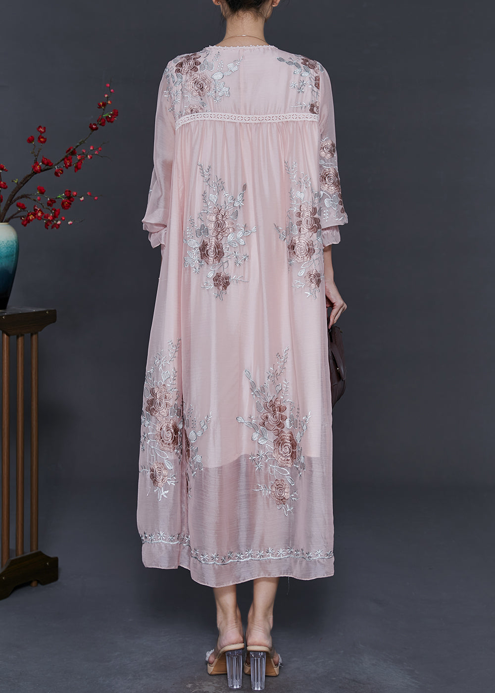 Light Pink Embroidered Silk Holiday Dress Spring