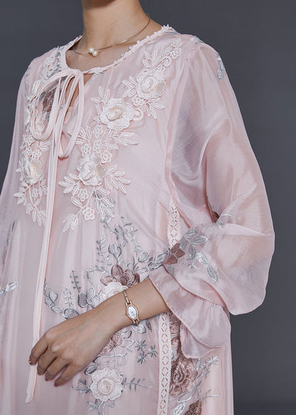 Light Pink Embroidered Silk Holiday Dress Spring