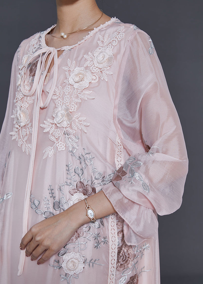 Light Pink Embroidered Silk Holiday Dress Spring