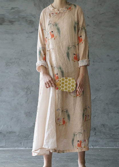 Light Pink Mandarin Collar Print Patchwork Linen Long Dress Long Sleeve