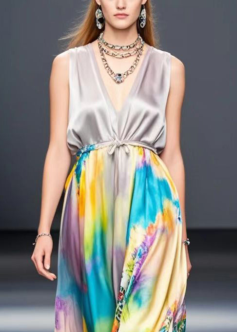 Light Purple Cinched Tie Dye Silk Long Dress Sleeveless