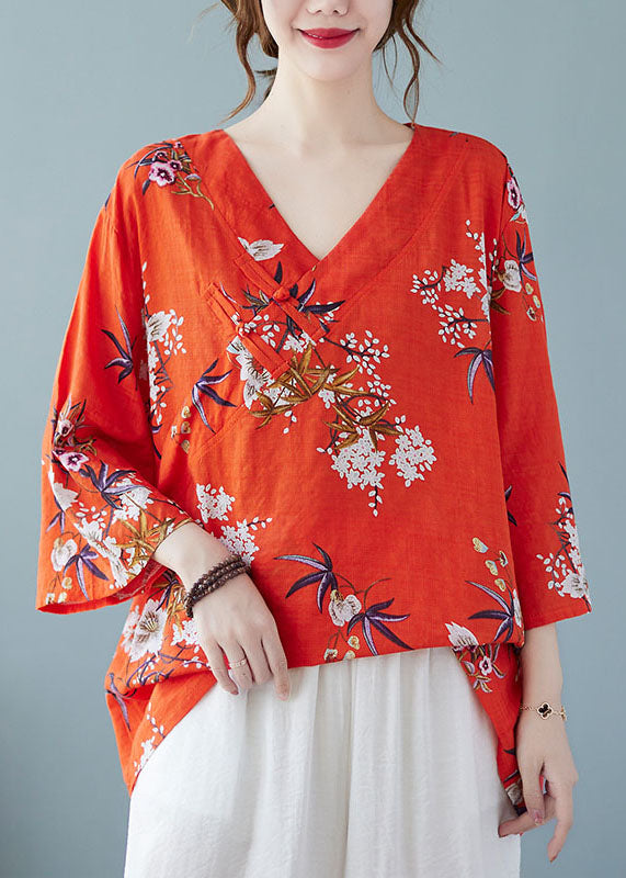 Loose Red V Neck Print Cotton Top Summer