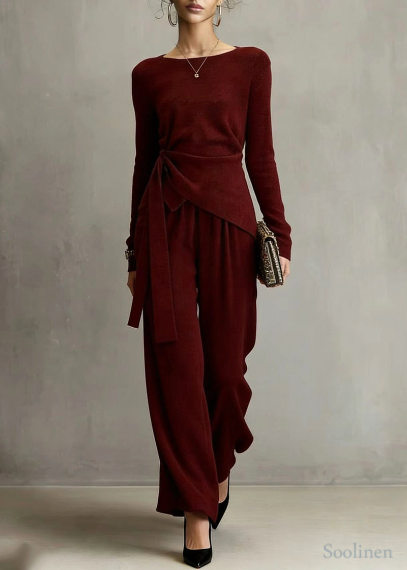 Mulberry Asymmetrical Design Knit Tops and Wide Leg Pants Two Pieces Set Spring
