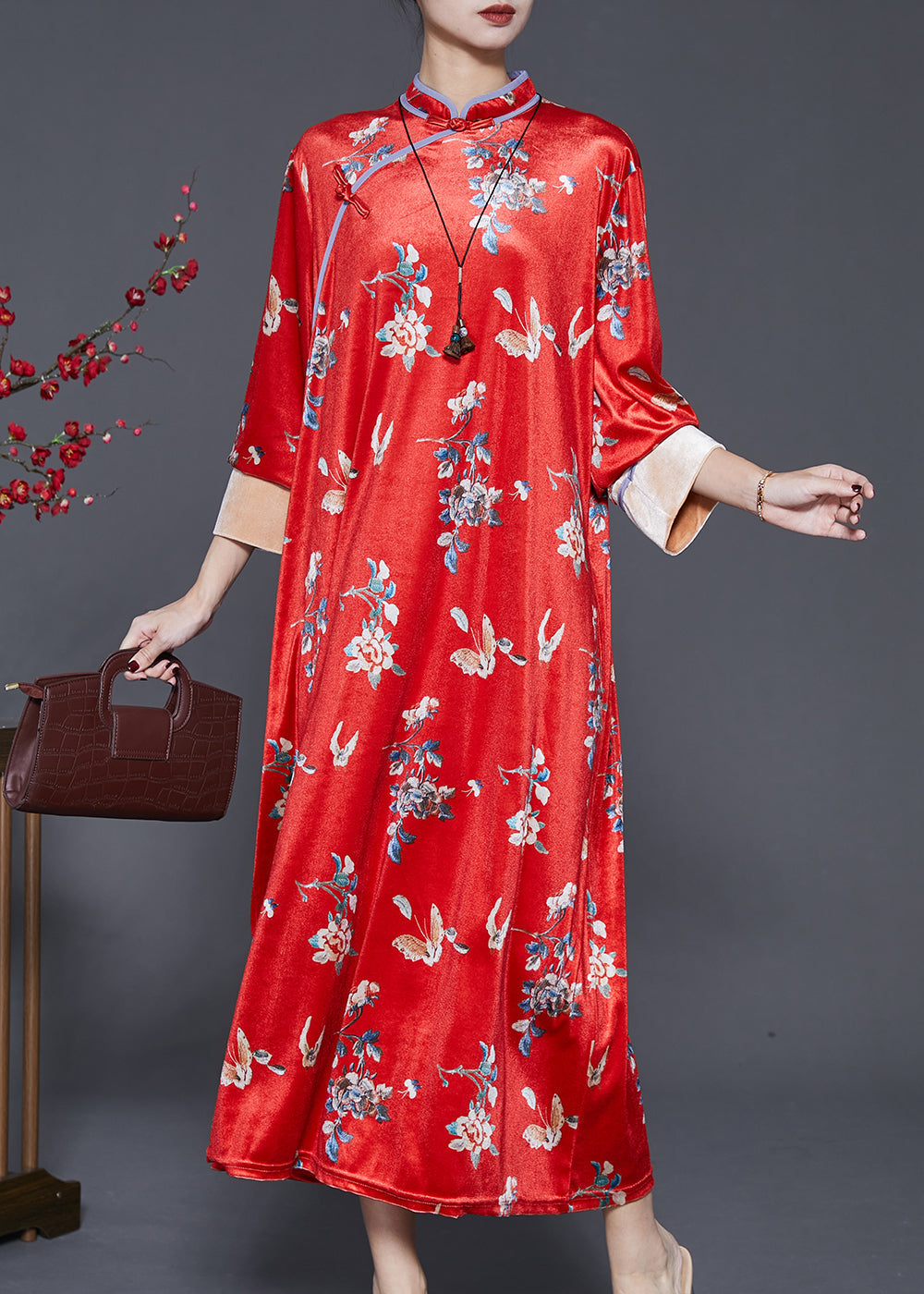 Mulberry Print Silk Velvet Chinese Style Dresses Spring