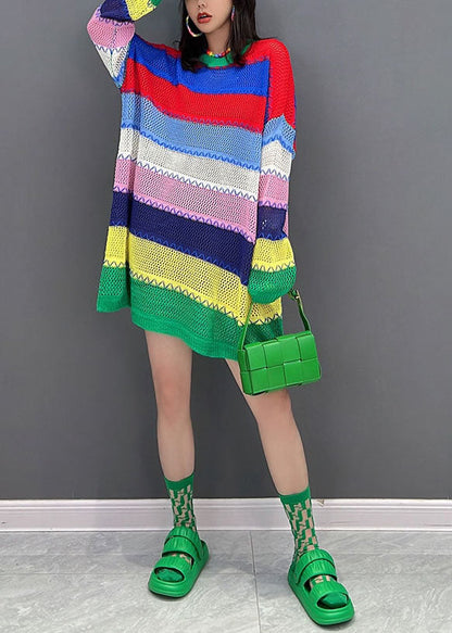 Multi Striped O-neck Hollow Out Knit Sweater Dress Winter