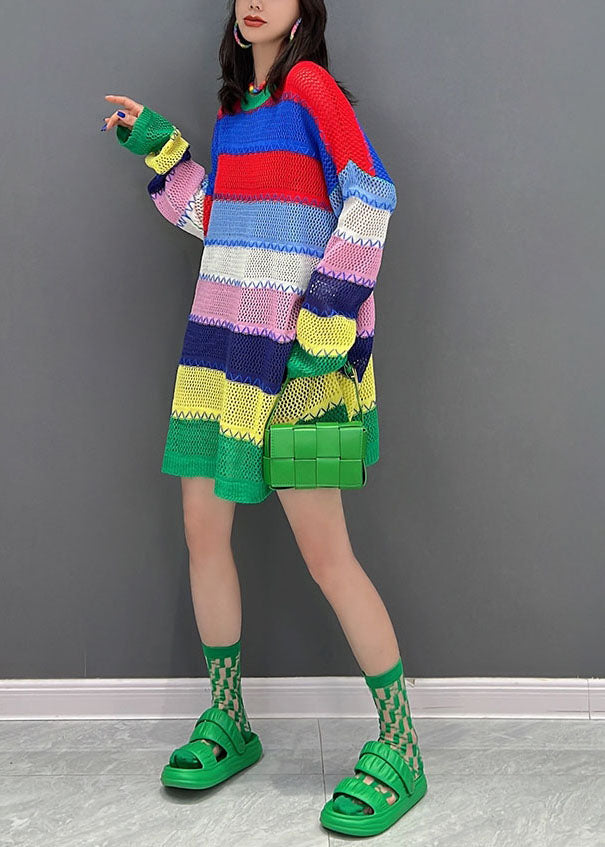 Multi Striped O-neck Hollow Out Knit Sweater Dress Winter