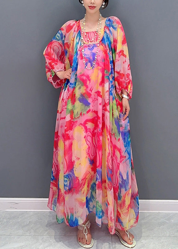 Multicolor Square Collar Print Chiffon Maxi Dress Long Sleeve