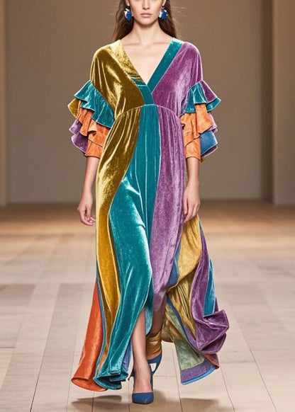 Multicolor V Neck Patchwork Silk Velvet Maxi Dress Butterfly Sleeve