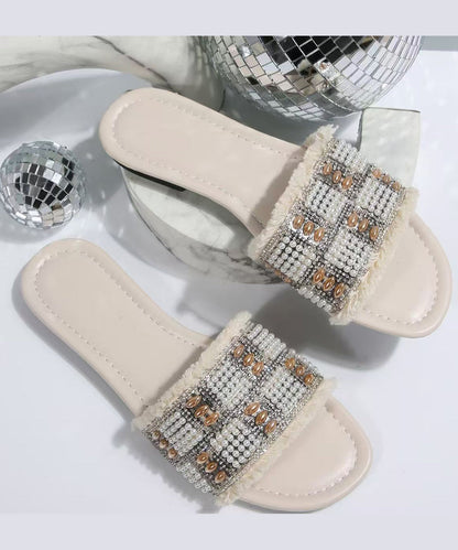 Nail Bead Splicing White Faux Leather Slide Sandals