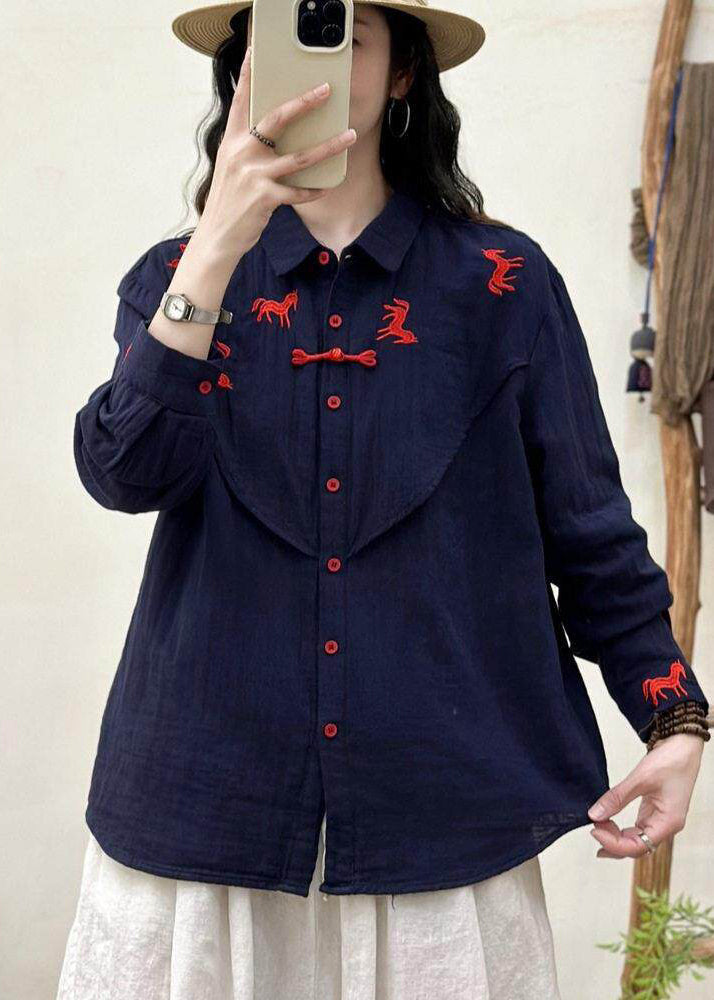 Navy Embroidered Cotton Loose Shirt Spring