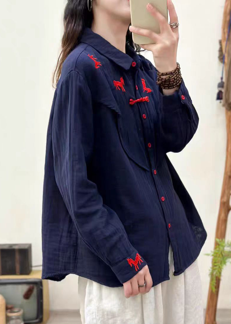 Navy Embroidered Cotton Loose Shirt Spring