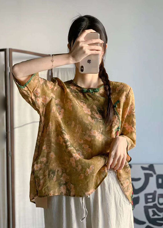 Navy O Neck Print Chinese Button Patchwork Linen Tops Summer