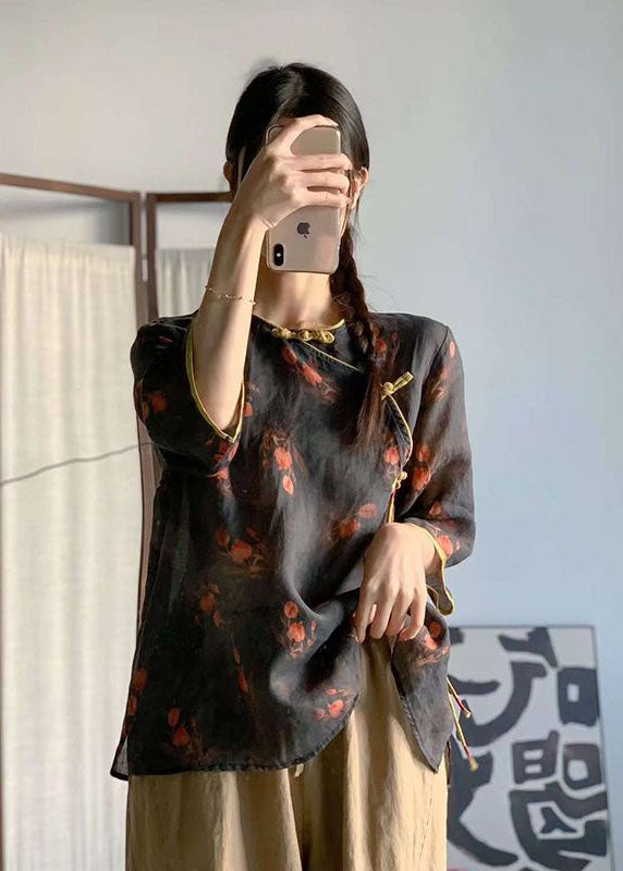 Navy O Neck Print Chinese Button Patchwork Linen Tops Summer